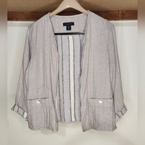 Tahari Womens M Linen Cotton Open Front Blazer Jacket Top Beige 2 Pocket